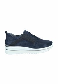 Navy suede sneakers with a textured dark accent panel, white midsole, and patterned rubber outsole. Features lace closure and rear pull tab.