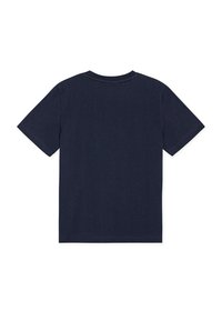 Μπλε ναυτικό βαμβακερό μπλουζάκι με κοντά μανίκια, στρογγυλή λαιμόκοψη και ίσιο τελείωμα. Δεν υπάρχουν σχέδια ή γραφικά ορατά στην πλάτη.