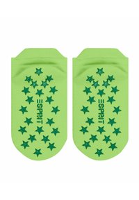 Grüne Baumwoll-Schuhe ohne sichtbare Socken mit sternförmigen Gummigriffen auf der Sohle und einem abgerundeten Design, das das Wort "SPIRIT" in Grün gedruckt hat.