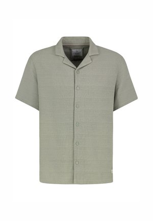 Kurzärmliges, hellgraues, strukturiertes Hemd mit Knöpfen, mit einem Reverskragen und sechs Knöpfen entlang der Vorderseite.