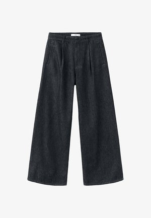 Pantaloni a gamba larga in denim scuro con pieghe, vita alta e taglio classico. Presentano una finitura pulita all'orlo e dettagli di cucitura minimi.
