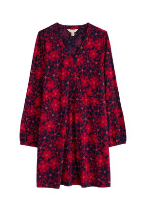 Garšīgs piedurkņu kleita tumši zila auduma ar sarkano ziedu rakstu, V veida kakla izgriezumu un pogu detaļām priekšpusē. Mīksts, viegls materiāls.