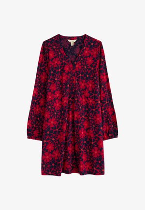 Langarmjurk van marineblauwe stof met een rood bloemenpatroon, V-hals en knoopdetails aan de voorkant. Zachte, lichte material.