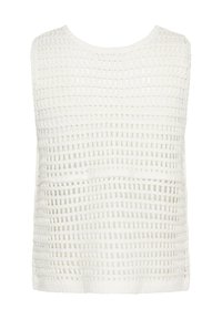 Witte mouwloze top met een gestructureerd open breipatroon met horizontale en verticale strepen, ronde halslijn en een losse pasvorm.