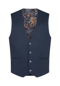 Chaleco de espiga azul marino con cinco botones, dos bolsillos frontales y un forro interior con un diseño estampado que presenta motivos florales y paisley.