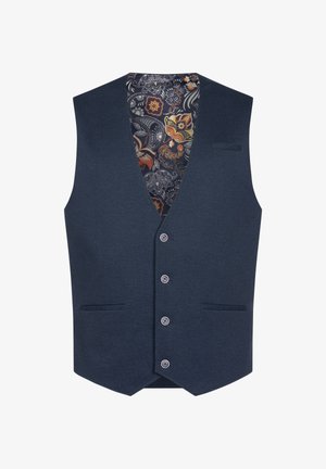 Chaleco de espiga azul marino con cinco botones, dos bolsillos frontales y un forro interior con un diseño estampado que presenta motivos florales y paisley.