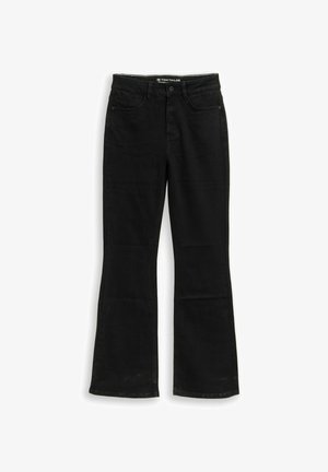 Zwarte flared jeans van denim; voorzien van een klassiek ontwerp met vijf zakken, ritssluiting en gestikte zoomdetails langs de pijpen.