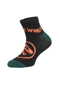 Schwarze Knöchelsocke mit grünem Fersen- und Zehenbereich, versehen mit orangefarbenem "Jurassic World" Text und einem Dinosaurier-Graphic an der Seite.