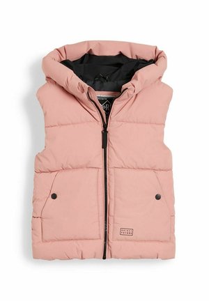 Ärmellose, pinke, gepolsterte Weste mit Frontreißverschluss, zwei aufgesetzten Taschen mit Knöpfen, hohem Kragen und schwarzer Innenfutterung.
