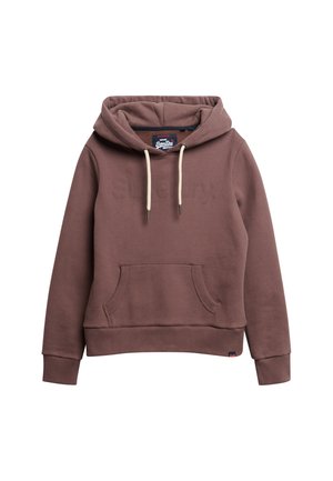 Brauner Kapuzenpullover mit Kängurutasche, verstellbaren Kordeln und gesticktem Logo auf der Vorderseite. Hergestellt aus weichem, strukturiertem Stoff.