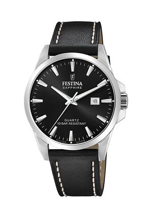 Montre noire en quartz avec boîtier en acier inoxydable argenté, bracelet en cuir noir, index d'heures blancs et affichage de la date à 3 heures. Résistance à l'eau de 10 bars.