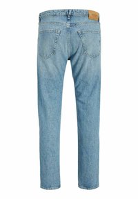Light blue jeans made of denim, featuring a straight cut, five-pocket design, and a small leather patch on the waistband.