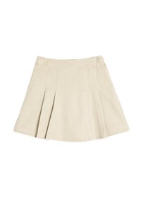 Beige katoenen geplooide rok met een aansluitende tailleband, voorzien van vier plooien aan de voorkant en een uitlopende zoom. Soepele textuur in het geheel.