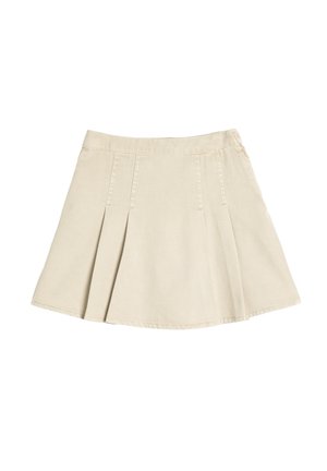 Beige katoenen geplooide rok met een aansluitende tailleband, voorzien van vier plooien aan de voorkant en een uitlopende zoom. Soepele textuur in het geheel.