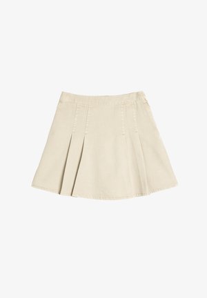 Falda plisada de algodón beige con cintura ajustada, que cuenta con cuatro pliegues frontales y un dobladillo acampanado. Textura suave en toda su superficie.