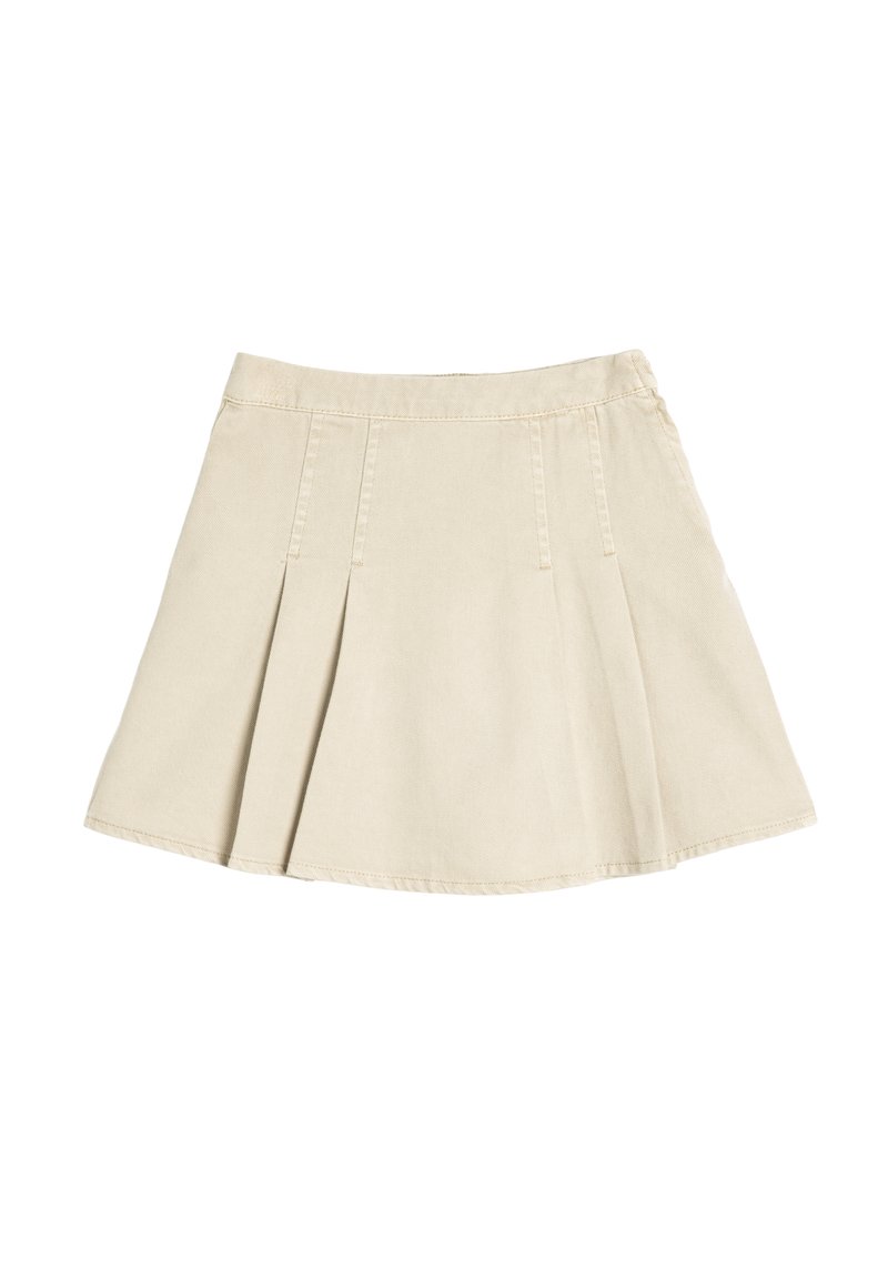 Beige katoenen geplooide rok met een aansluitende tailleband, voorzien van vier plooien aan de voorkant en een uitlopende zoom. Soepele textuur in het geheel.