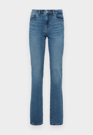 Jean en denim bleu clair avec une coupe droite, cinq poches et une taille standard. Présente un effet de décoloration subtil et des coutures contrastées.