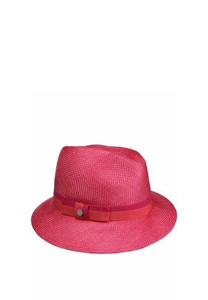 Bright pink woven fedora hat with a matching ribbon band and small round metal accent on the side.