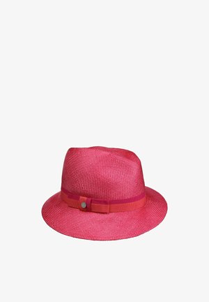 Bright pink woven fedora hat with a matching ribbon band and small round metal accent on the side.