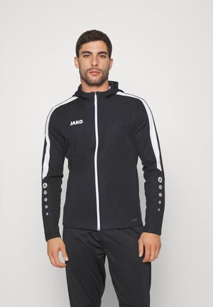 Zwarte rits hoodie met witte zijkanten en logo. Bevat een capuchon, een aansluitend ontwerp en knoopachtige accenten op de mouwen.