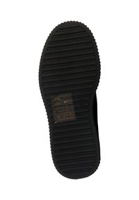 Black rubber shoe sole with textured grooves, featuring a small transparent label with icons for care instructions embedded.
