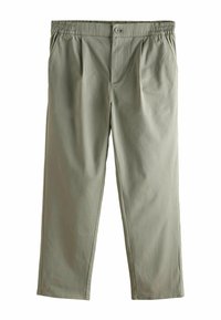 Green cotton blend pants with a relaxed fit, elastic waistband, button closure, and front pleats. Straight leg design with no visible patterns.