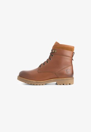 Braune Leder-Stiefel bis zum Knöchel mit einem strukturierten, hellbraunen Wildlederkragen, Schnürdesign und einer robusten Gummisohle mit auffälligem Profil.