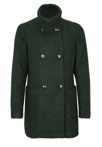 Abrigo de lana texturizada en verde oscuro con botones negros de doble botonadura, cuello alto, mangas largas y dos bolsillos frontales.
