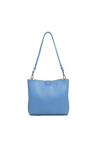 Blue leather tote bag with a smooth texture, rectangular shape, and adjustable shoulder strap. Features a top closure flap and minimal hardware.