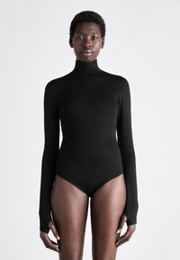 Zwarte lange mouwen bodysuit met een hoge hals, strakke pasvorm, zachte textuur en minimale naden, met een hoge beenontwerp.