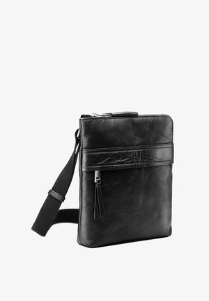 Borsa a tracolla in pelle nera con una texture liscia, chiusura con zip, tasca frontale con zip e tracolla regolabile.