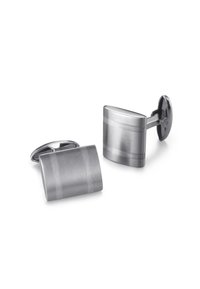 Silver-toned metal cufflinks with a rectangular shape, featuring a brushed texture and two horizontal engraved stripes. Rounded closure mechanism.