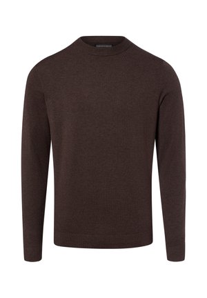 Dunkelbrauner Pullover mit langen Ärmeln und Rundhalsausschnitt, mit gerippten Bündchen und Saum, gefertigt aus einem weichen Strickstoff.