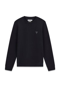 Fekete pulóver puha anyagból, bordázott kerek nyakkal és hosszú ujjakkal. Finom háromszög alakú logó a mellkasán. Egyszerű dizájn és textúra.