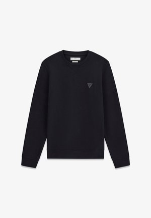 Must musta pehmeast materjalist pusa, millel on soonikkoes ümara kaelusega ja pikad varrukad. Rindkere kohal peen kolmnurkne logo. Lihtne disain ja tekstuur.