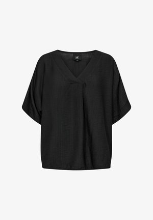 Čierna blúzka s výstrihom do V, širokými krátkymi rukávmi a voľným strihom. Textúrovaná látka s jemným vzorom a malým uzlom na prednej strane.