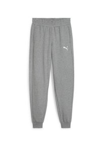 Gray sweatpants with an elastic waistband, tapered cuffs, side pockets, and a white Puma logo on the left thigh. Soft fabric texture.