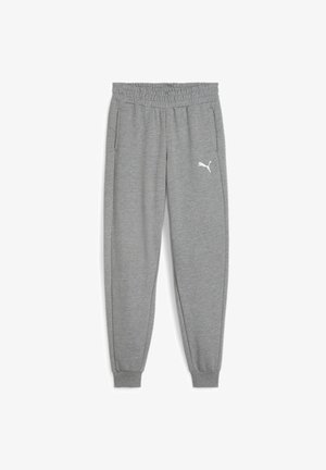 Grijze sweatpants met een elastische tailleband, taps toelopende boorden, zijzakken en een wit Puma-logo op de linker bovenbeen. Zachte stoftextuur.