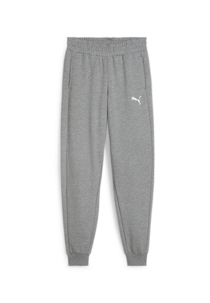 Gray sweatpants with an elastic waistband, tapered cuffs, side pockets, and a white Puma logo on the left thigh. Soft fabric texture.