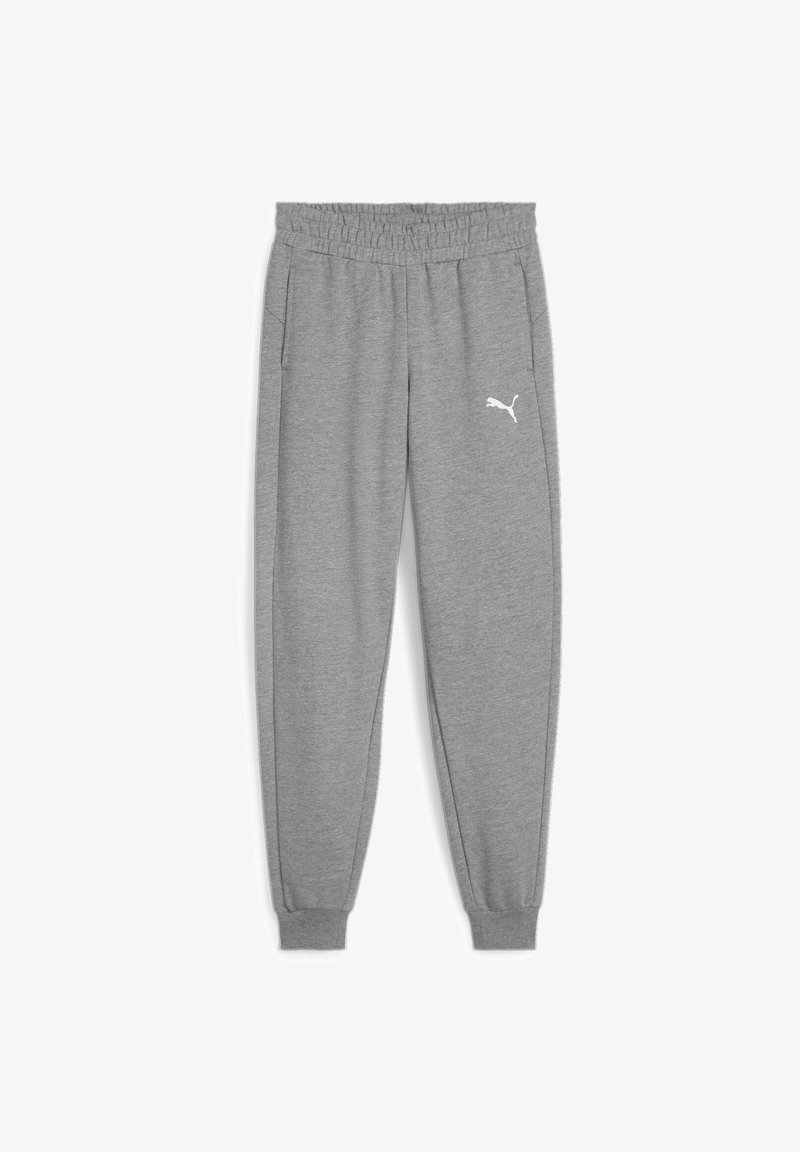 Graue Jogginghose mit elastischem Bund, schmal zulaufenden Bündchen, seitlichen Taschen und einem weißen Puma-Logo auf dem linken Oberschenkel. Weicher Stoff.