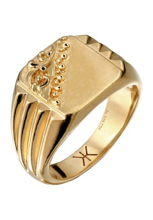 Goldener Siegelring mit dekorativen erhabenen Perlen und Rillen oben, glattem, poliertem Ringband und eingravierten Markierungen innen im Band.
