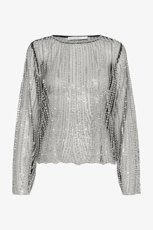 Sudraba garām piedurknēm krekls, kas izgatavots no caurspīdīga auduma, rotāts ar vertikālām sekvīšu rindām un ar apaļu kakla izgriezumu. Gluda, teksturēta apdare.