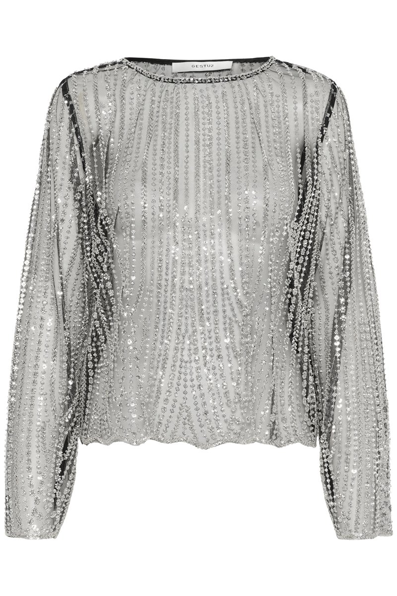 Silver, long-sleeve top featuring a sheer fabric embellished with vertical rows of sequins and a round neckline. Smooth, textured finish.