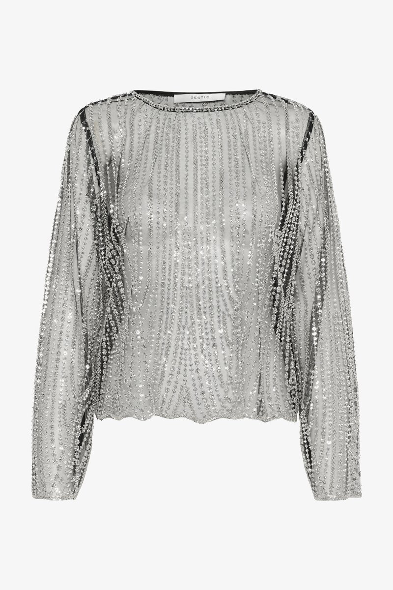 Silbernes Langarm-Oberteil aus durchscheinendem Stoff, verziert mit vertikalen Reihen von Pailletten und rundem Ausschnitt. Glatte, strukturierte Oberfläche.