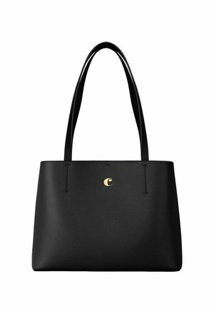 Čierna kožená taška typu tote s dvoma ramennými popruhmi a malým zlatým logom v tvare polmesiaca umiestneným v strede prednej časti.