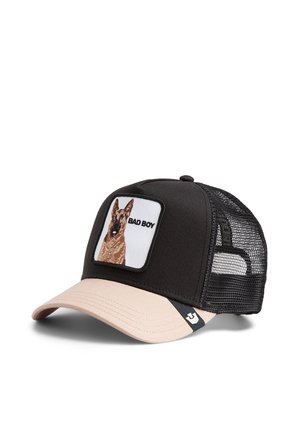 Schwarze und beige Baseballkappe mit Netz mit einem Aufnäher eines Deutschen Schäferhundes und dem Text "BAD BOY" auf dem vorderen Panel.