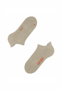Calze beige con una texture liscia, caratterizzate da una designazione sinistra (L) e destra (R) in arancione. Design contornato per il comfort.