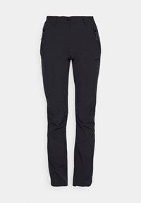 Czarne spodnie outdoorowe wykonane z wytrzymałego materiału, charakteryzujące się prostym krojem, zapinanymi na zamek kieszeniami bocznymi oraz subtelnym logo.