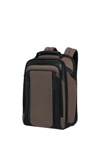 Zaino marrone e nero con un design in tessuto durevole, dotato di numerosi scomparti con zip, spallacci imbottiti e una forma strutturata.