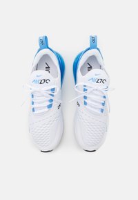 Pair of white and blue Nike Air 270 sneakers with mesh uppers and visible blue air cushioning, shown from above on a white background.